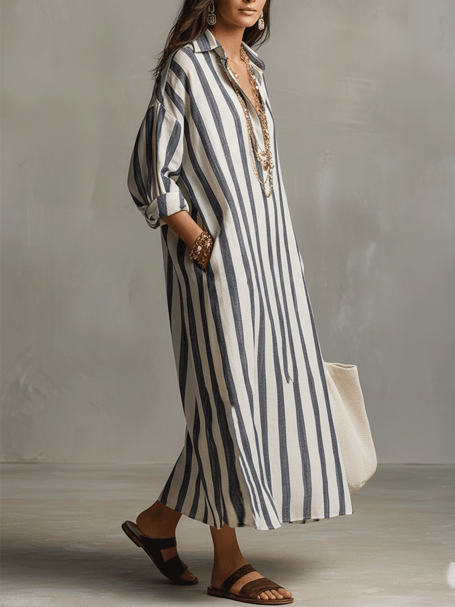 Casual Gestreepte Shirt Bohemian Stijl Maxi Jurk