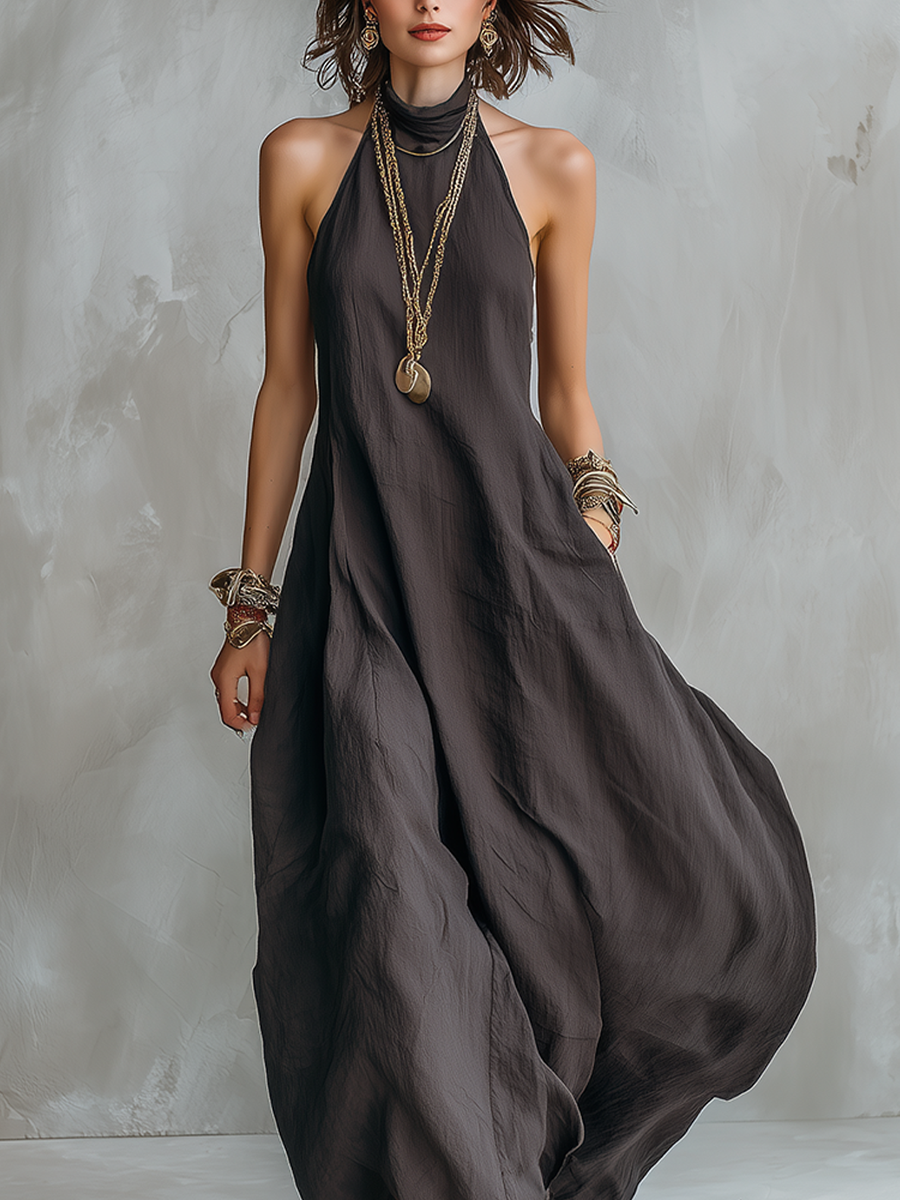 Houtskoolgrijze Bohemian Stijl Off-The-Shoulder Losse Maxi Jurk