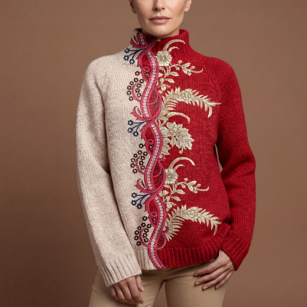 Celestia | Bicolor wintertrui met hoge kraag en artistiek borduursel