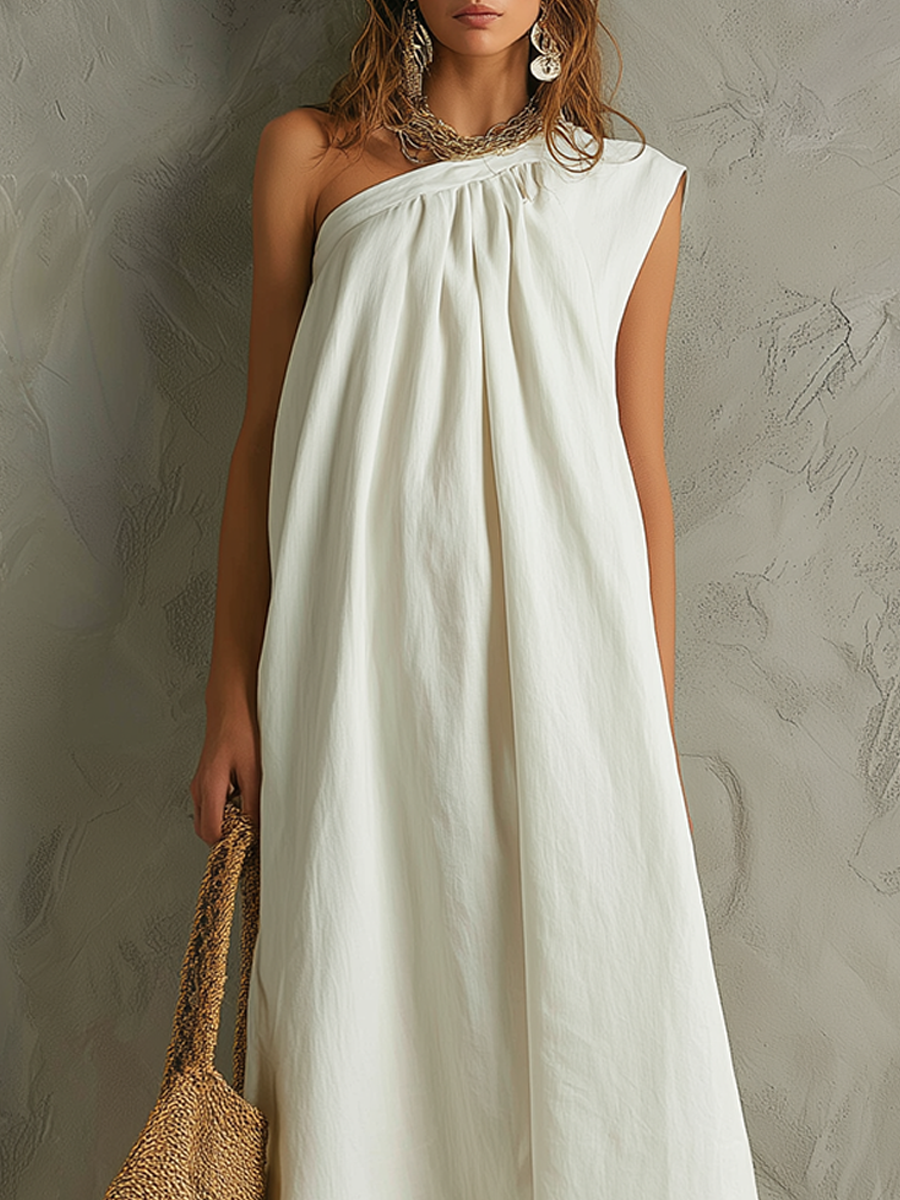 Witte Minimalistische Maxi-jurk met Één Schouder en Een Resort Sfeer