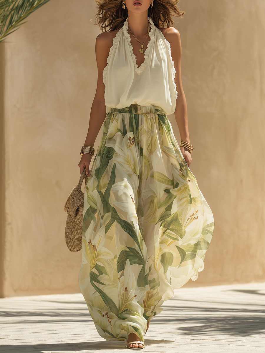 Set Top Zonder Mouwen Ruffle en Broek met Lelieprint