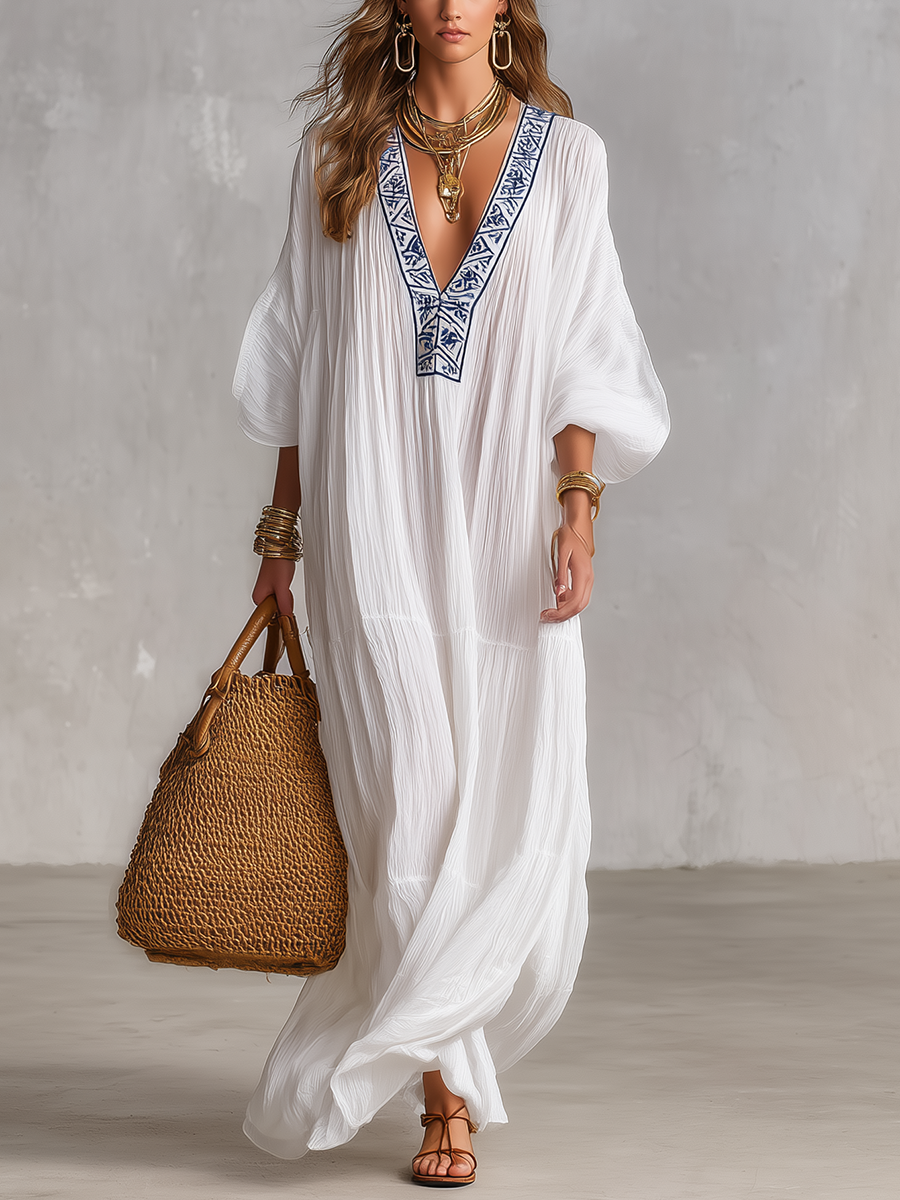 Bohemian Witte Geborduurde V-Hals Crinkle Kaftan Maxi Jurk