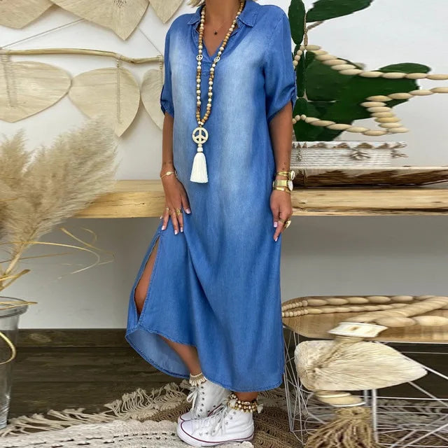 Noor™ | Lange denim jurk met zijsplitten