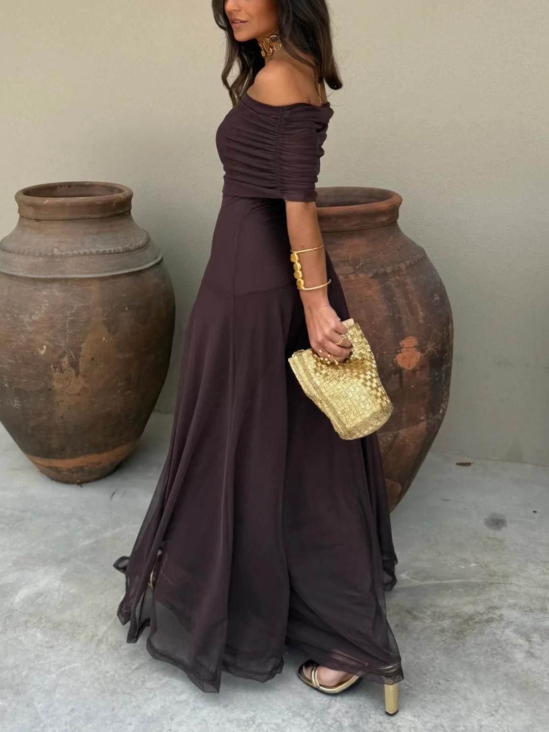 Noémie™ | Bruine One-Shoulder Maxi Jurk