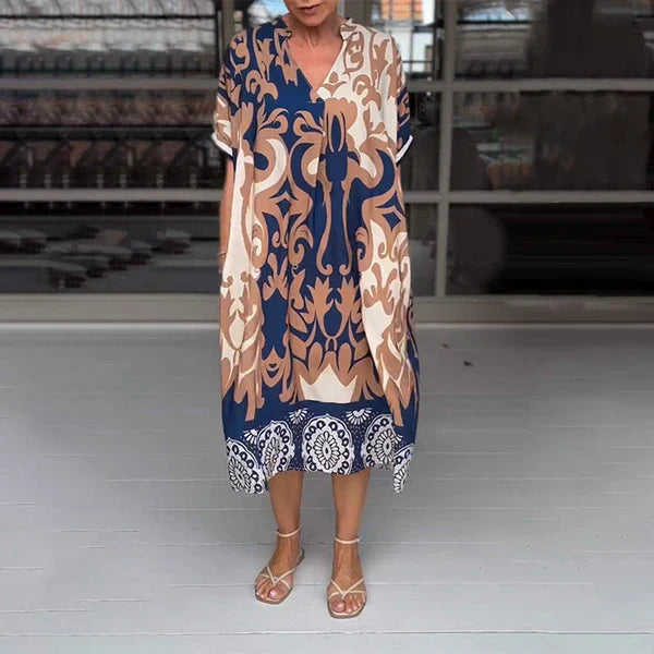 AMALIA | Midi-jurk met Zachte Snit, Artistieke Print en V-hals voor Stijlvolle en Comfortabele Dagen
