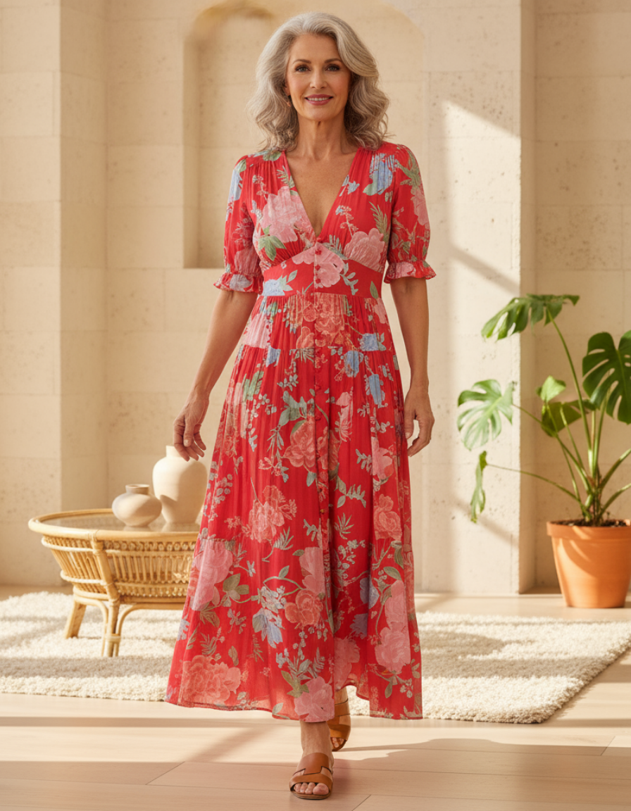 Amara | Levendige Bloemen Midi Jurk
