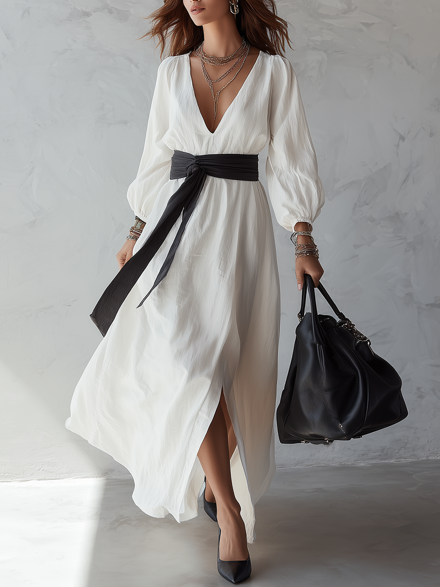 Minimalistische V-Hals Puff-Mouw Split Maxi Jurk