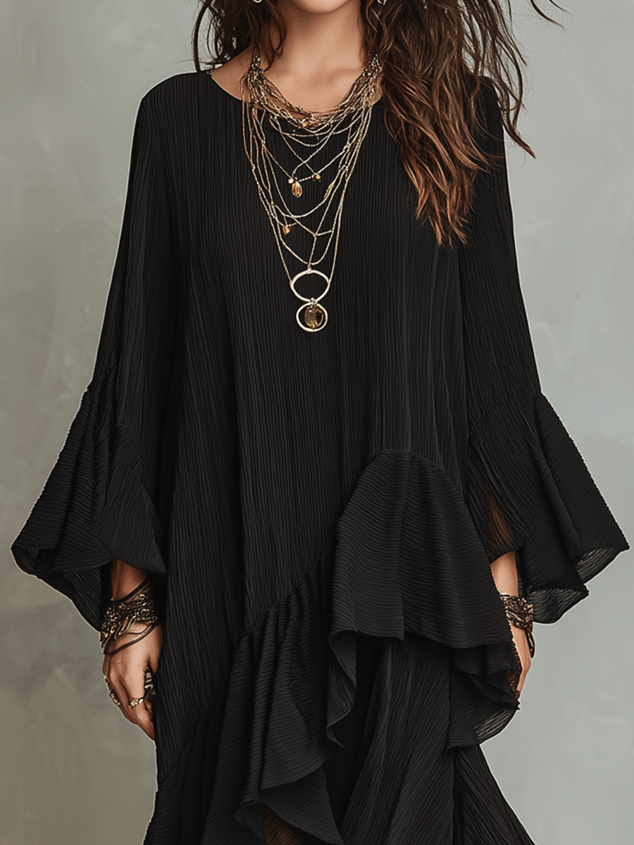 Elegante Asymmetrische Rimpel Zwarte Boho Midi Jurk