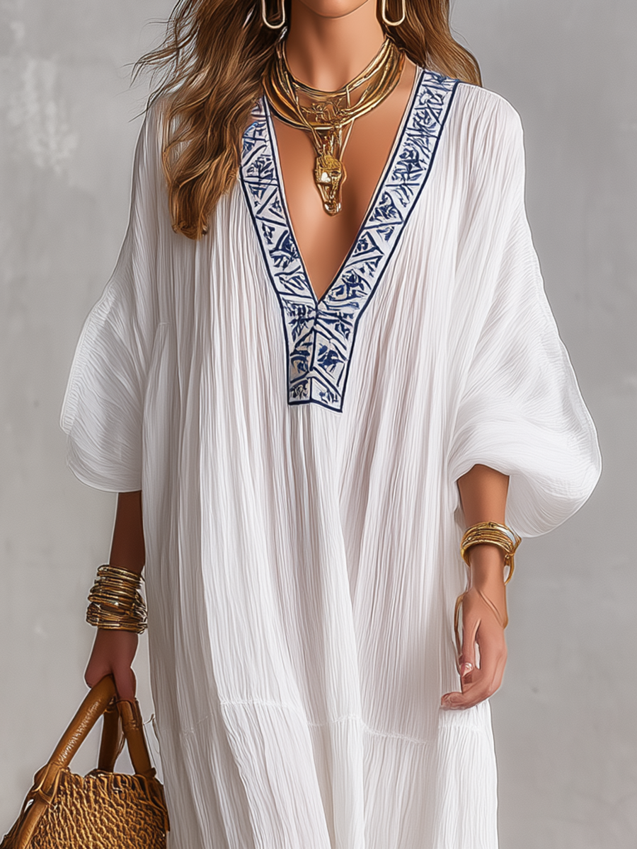 Bohemian Witte Geborduurde V-Hals Crinkle Kaftan Maxi Jurk