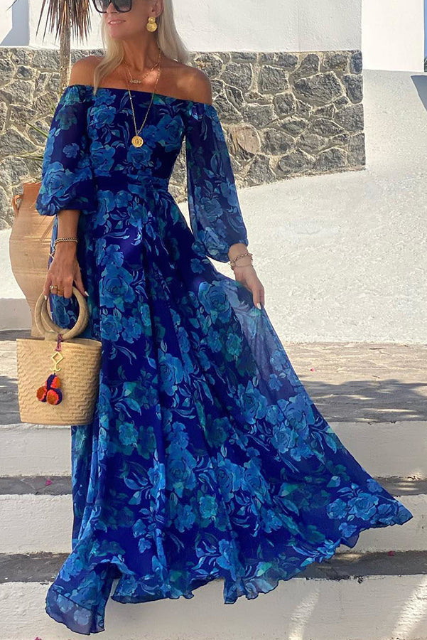 Francesca - Lange jurk met bloemenprint en off-the-shoulder mouwen