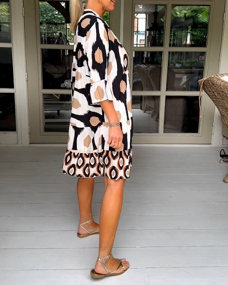 ELVINA | Geprinte Jurk met 3/4 Mouwen en A-Lijn Snit voor een Elegante en Ontspannen Look