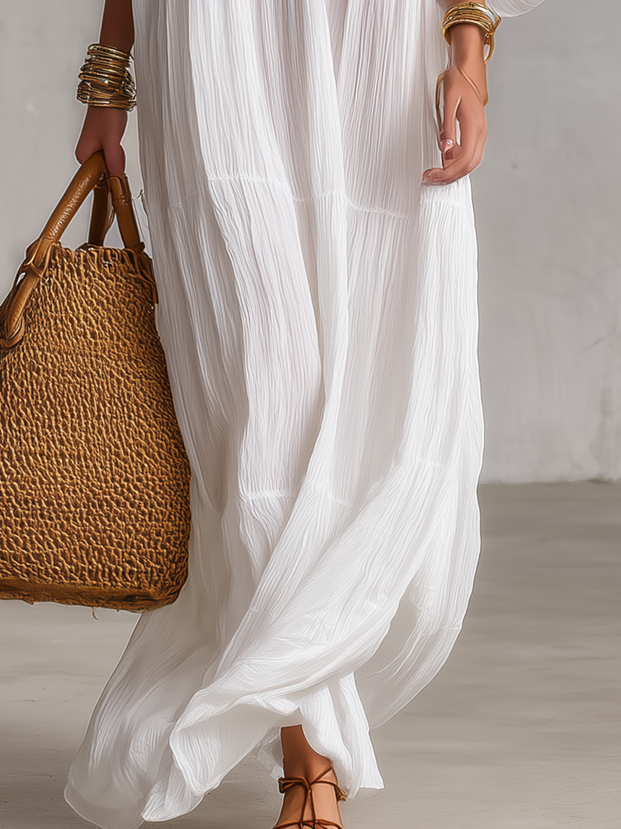 Bohemian Witte Geborduurde V-Hals Crinkle Kaftan Maxi Jurk