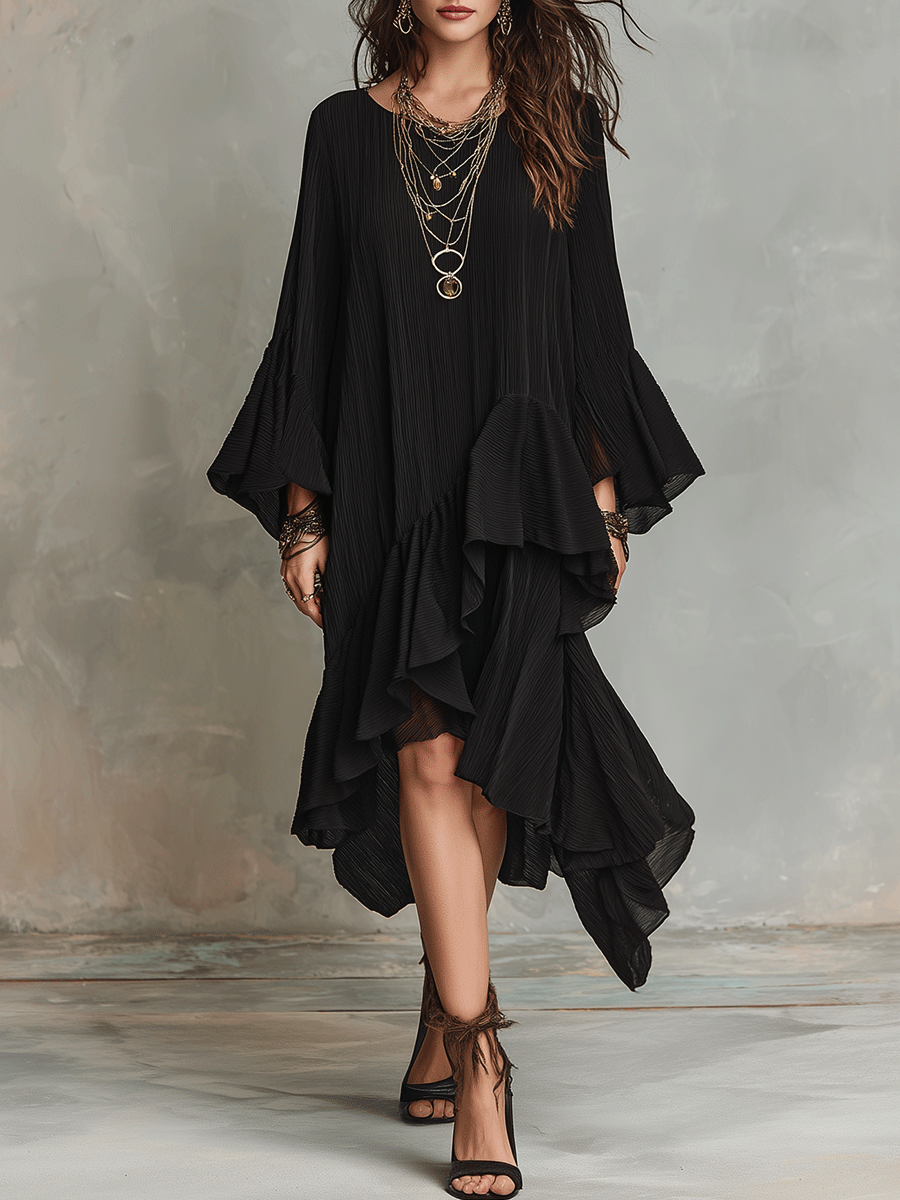 Elegante Asymmetrische Rimpel Zwarte Boho Midi Jurk