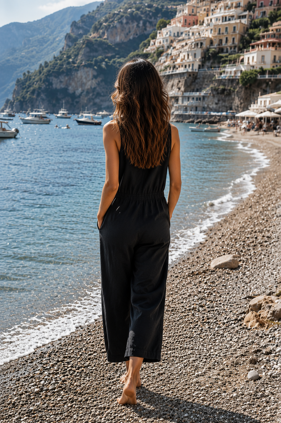 Lange mouwloze jumpsuit met zakken