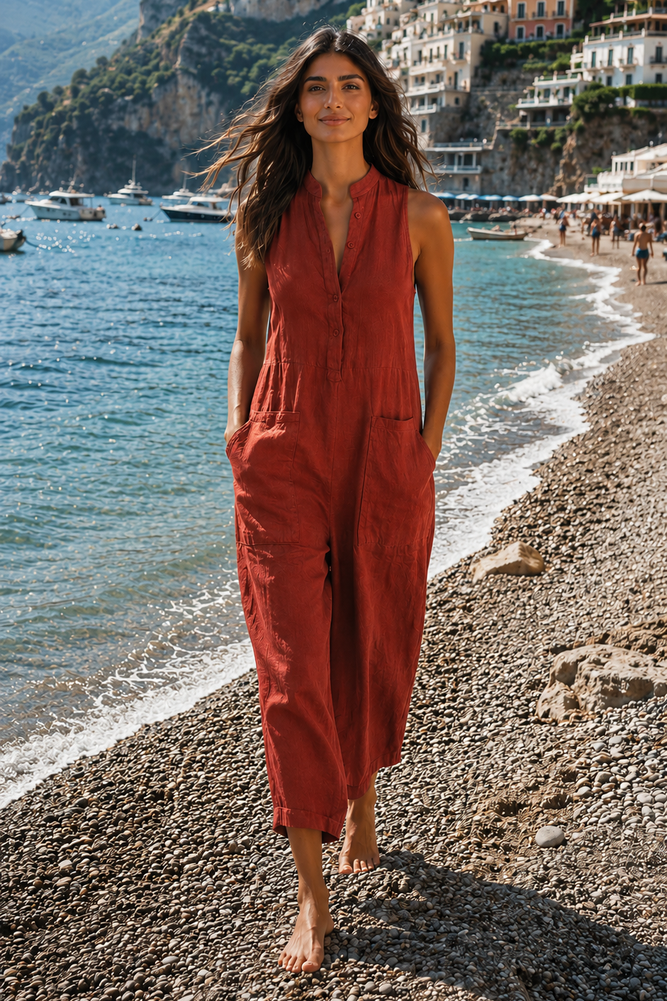Lange mouwloze jumpsuit met zakken
