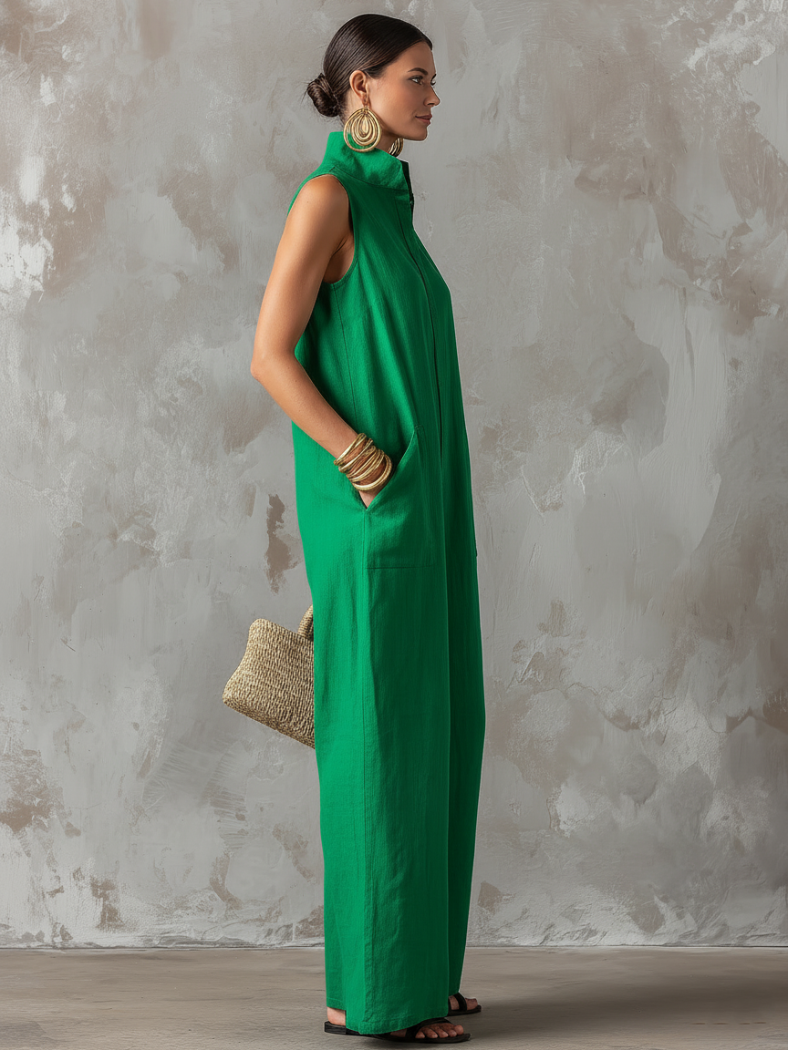 Claire | Mouwloze jumpsuit met staande kraag en knoopsluiting