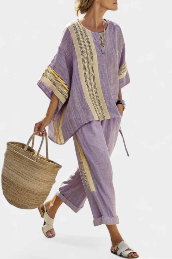Elowric | Elegante Top Lavanda & Mosterd Gestreepte Broek