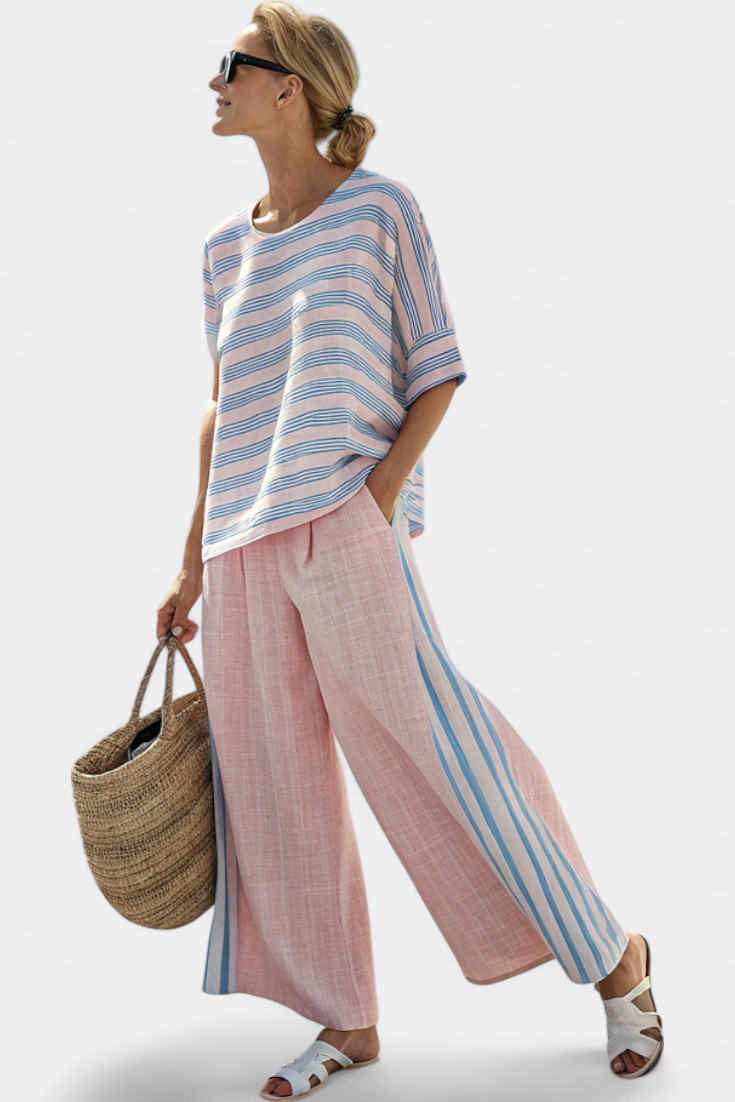 Virella | Elegante Linnen Blouse in Roze-Blauw en Zachte Broek