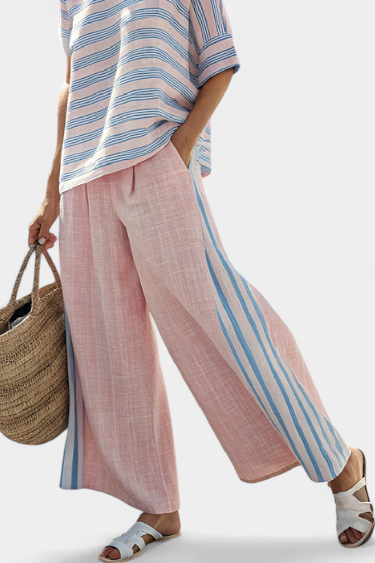 Virella | Elegante Linnen Blouse in Roze-Blauw en Zachte Broek