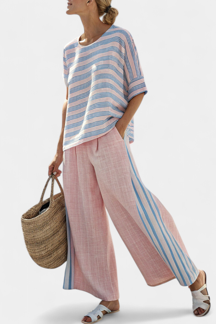 Virella | Elegante Linnen Blouse in Roze-Blauw en Zachte Broek