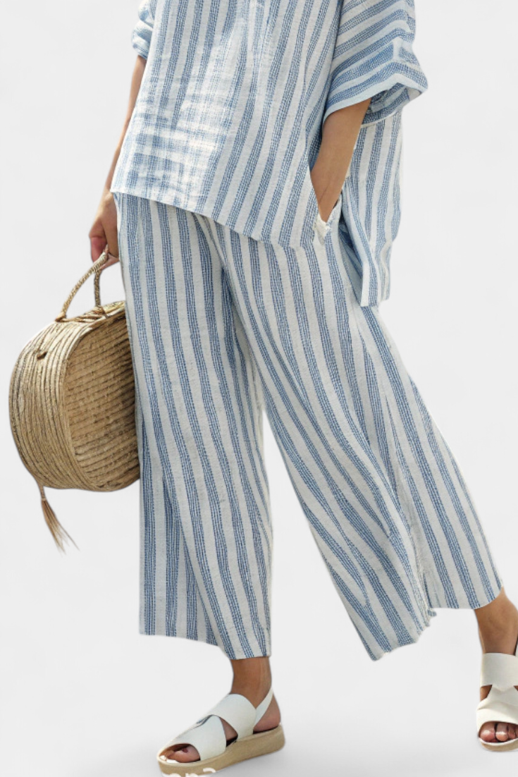 Rensleigh | Top in Lino Blu Striato Sofisticato & Relaxed Broek