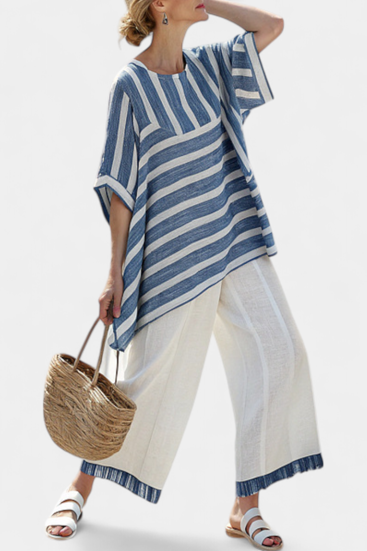Corvielle | Top Blauw met Strepen en Broek met Details aan de Zoom