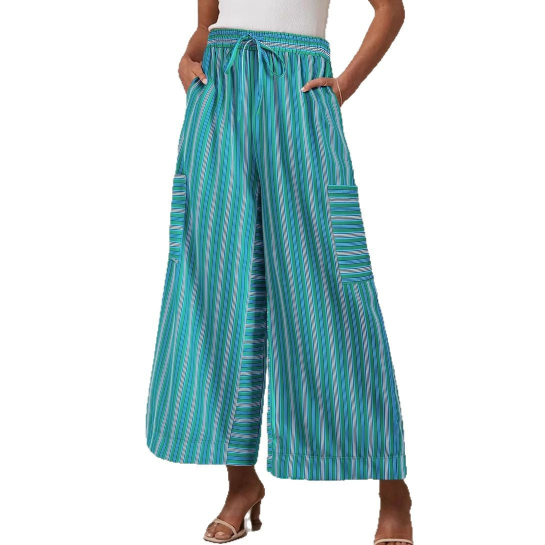 Lichte Wijde Benen Gestreepte Broek met Elastische Taille en Touwtje