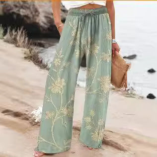 Bloemige Wijde Pantalon Lichtgewicht Hoge Taille Comfort