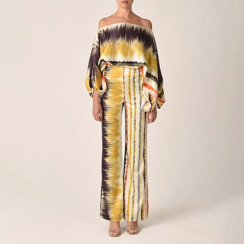 Golfprint Off-Shoulder Twee-Delige Set
