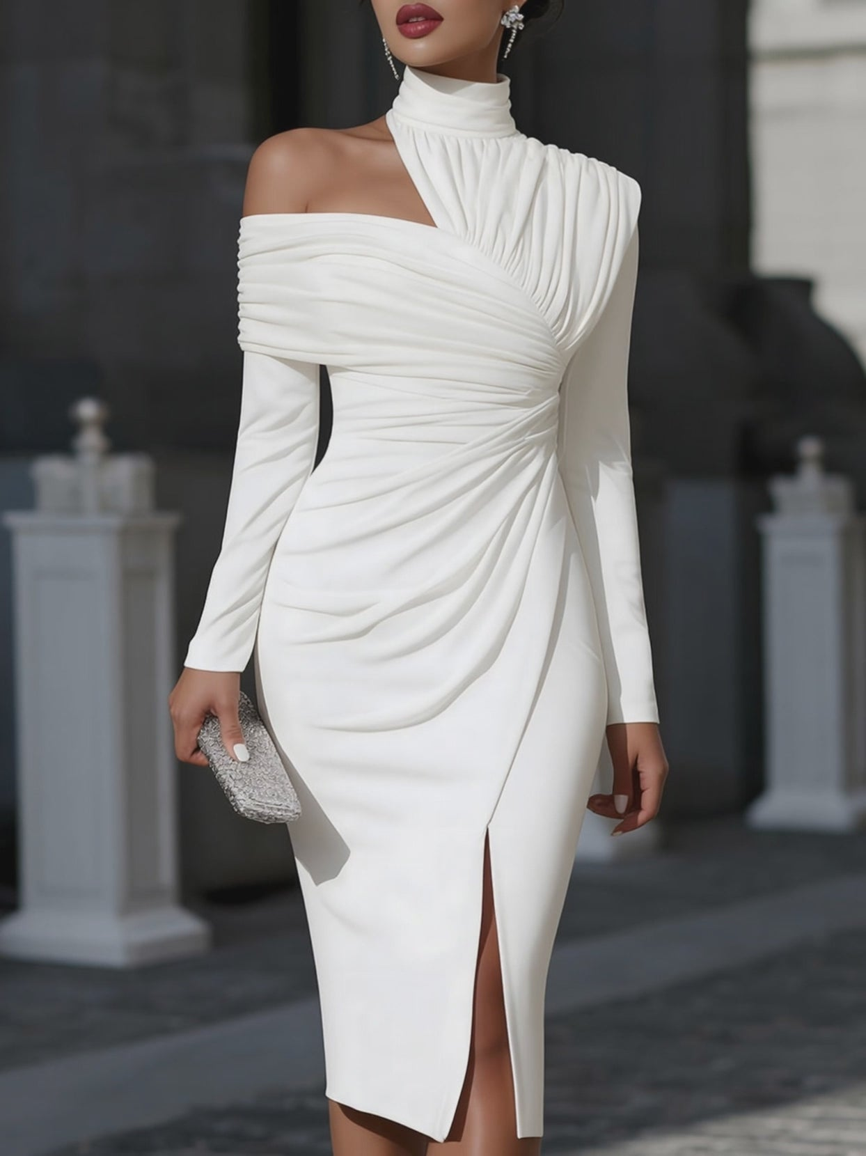 Céleste™ | Witte One-Shoulder Midi Jurk