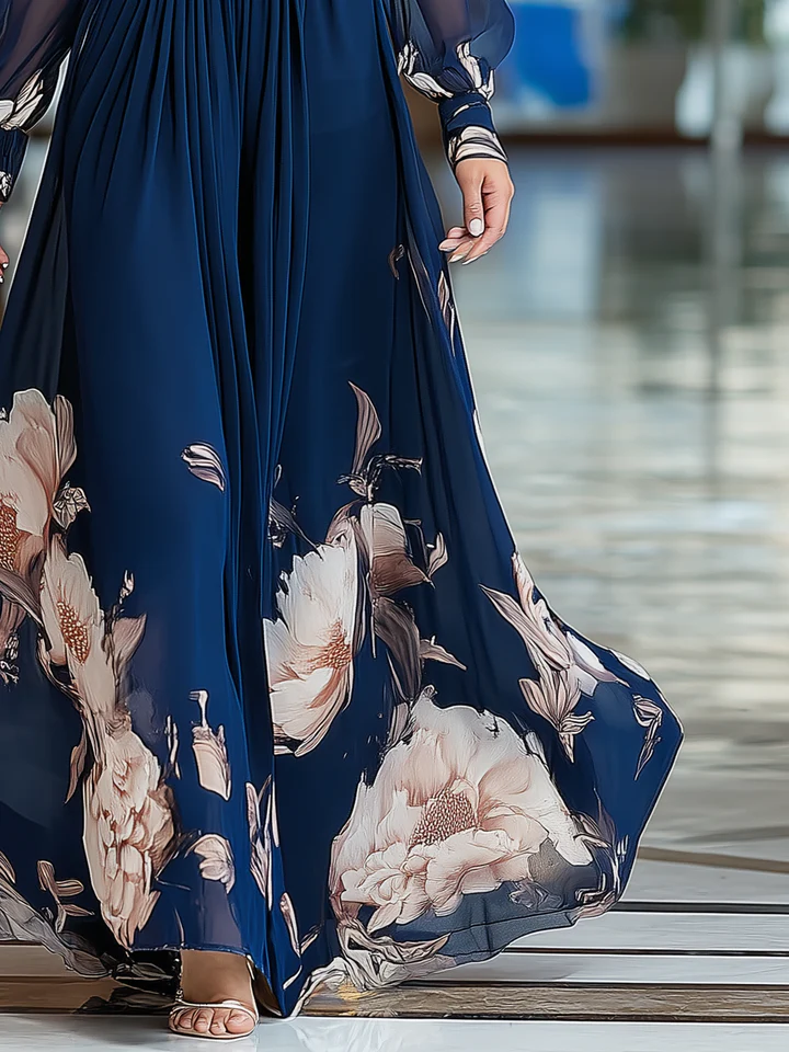 Céleste™ | Donkerblauwe Maxi Jurk met Tule Mouwen