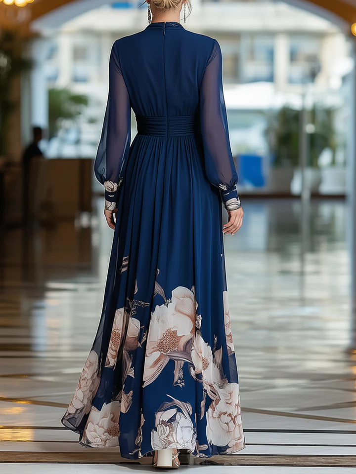 Céleste™ | Donkerblauwe Maxi Jurk met Tule Mouwen