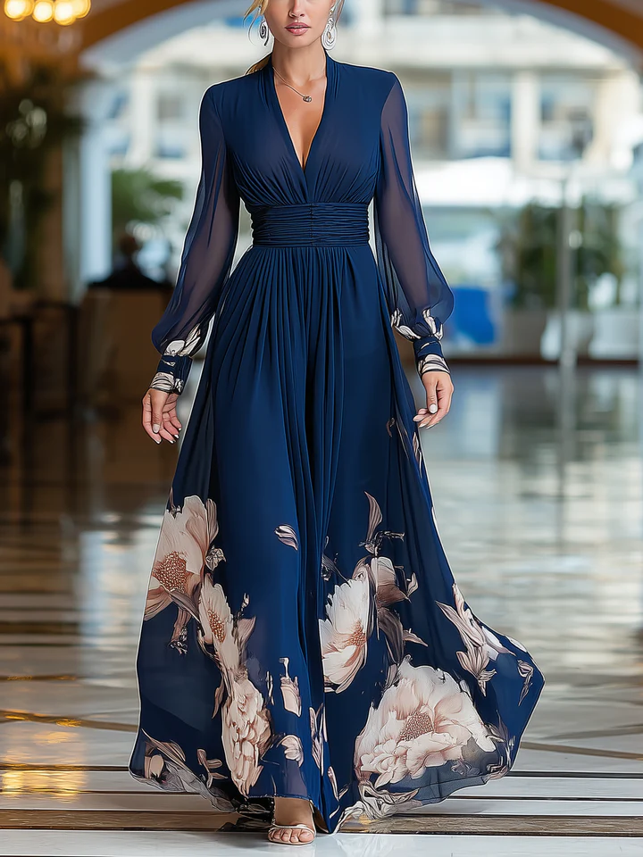 Céleste™ | Donkerblauwe Maxi Jurk met Tule Mouwen
