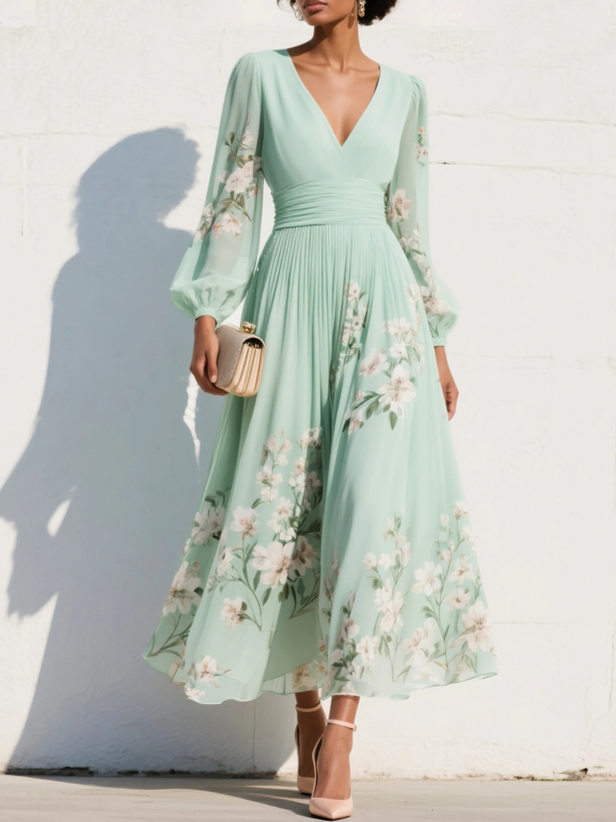 Mirelle™ | Lichtgroene Maxi Jurk met Plooien