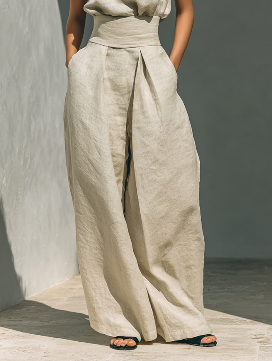 Beige Faux Katoen-linnen Mix Mouwloze Top En Wijde Broek Set
