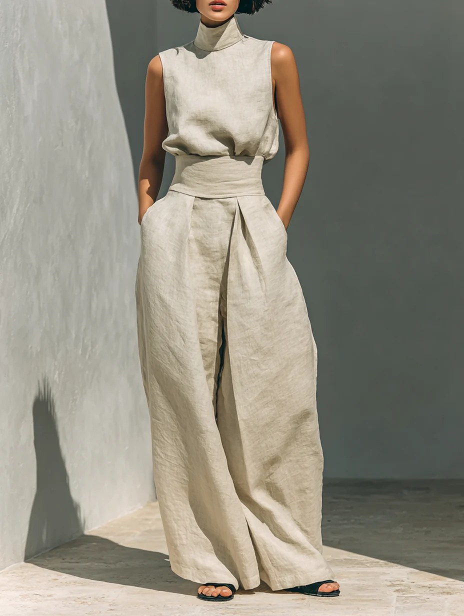 Beige Faux Katoen-linnen Mix Mouwloze Top En Wijde Broek Set