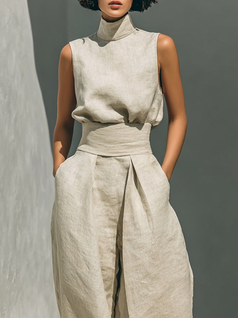 Beige Faux Katoen-linnen Mix Mouwloze Top En Wijde Broek Set