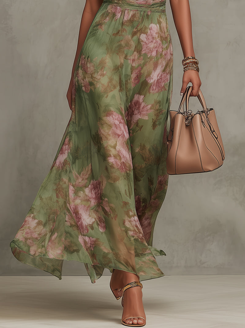 Florine™ | Groene Halter Maxi Jurk met Bloemenprint