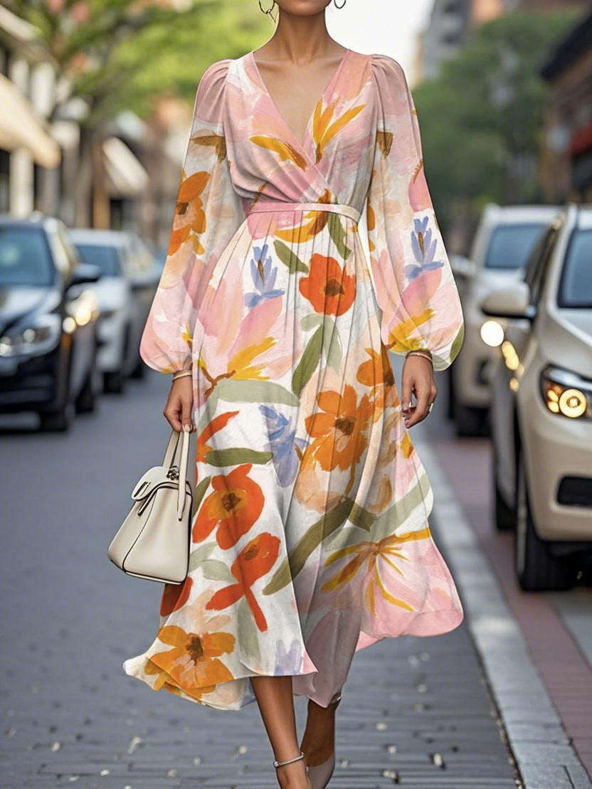 Claire™ | Midi Jurk met V-Hals en Bloemenprint