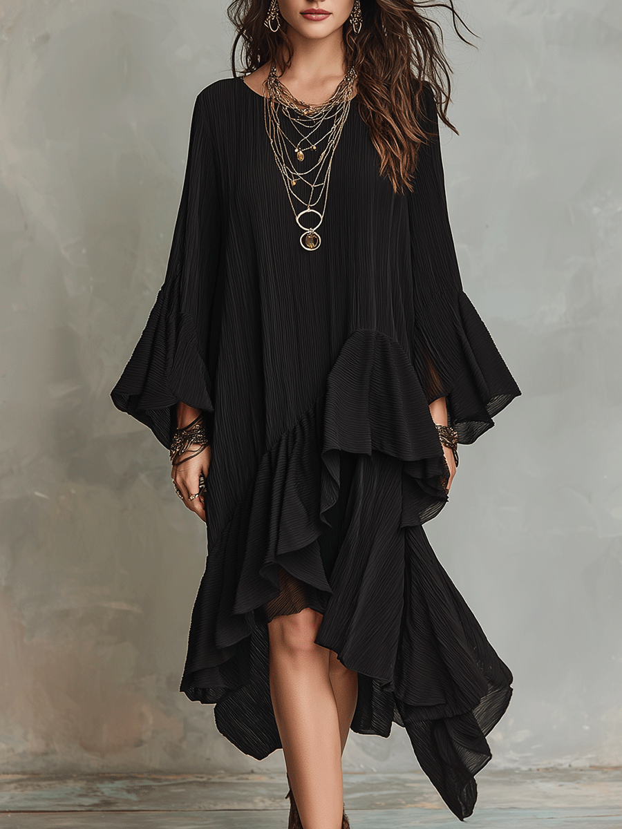 Elegante Asymmetrische Rimpel Zwarte Boho Midi Jurk