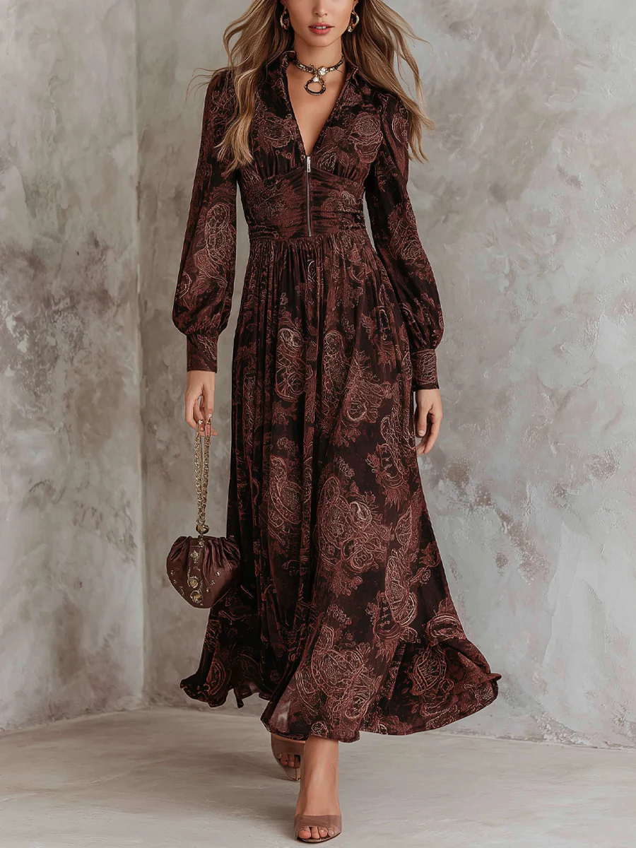 Bruine Paisley Rits Maxi Jurk