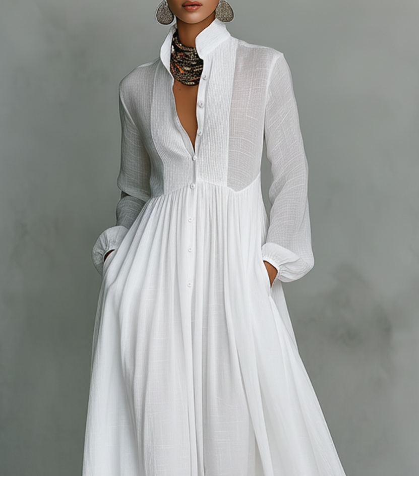 Elisa | Maxi minimalistische katoen en linnen jurk met patchwork, hoge hals en lange mouwen