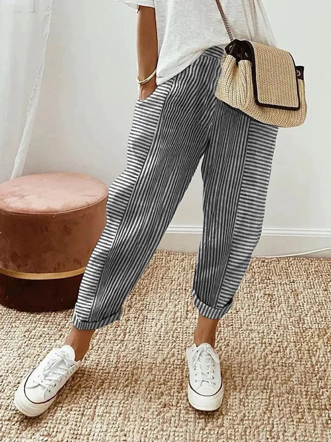 Gestreepte Relaxed Fit Damesbroek Enkel Lengte Met Manchet