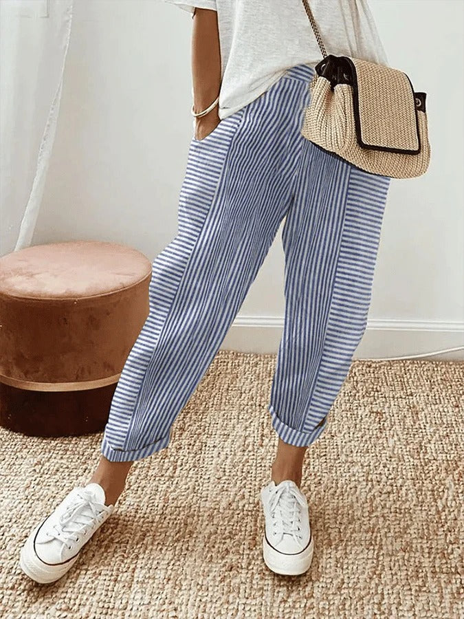 Gestreepte Relaxed Fit Damesbroek Enkel Lengte Met Manchet