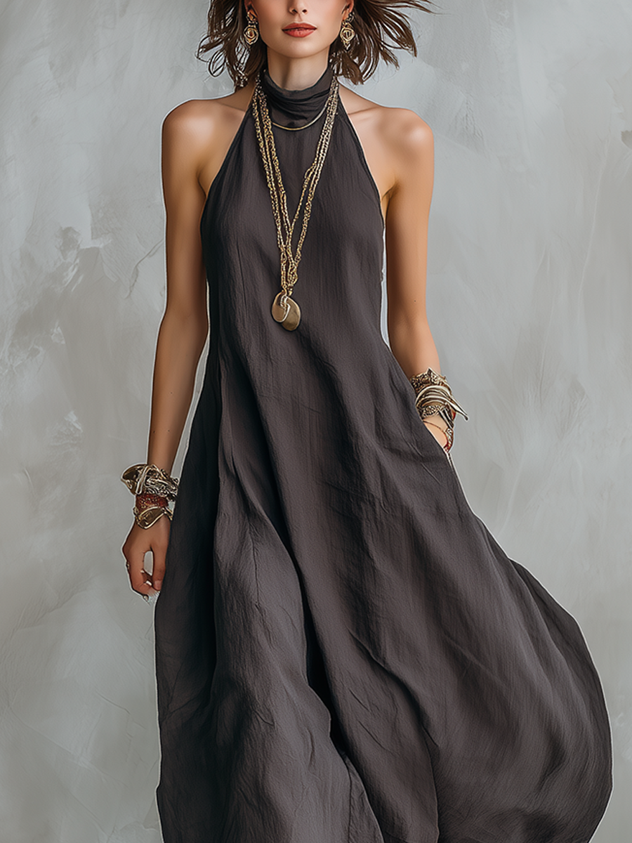 Houtskoolgrijze Bohemian Stijl Off-The-Shoulder Losse Maxi Jurk