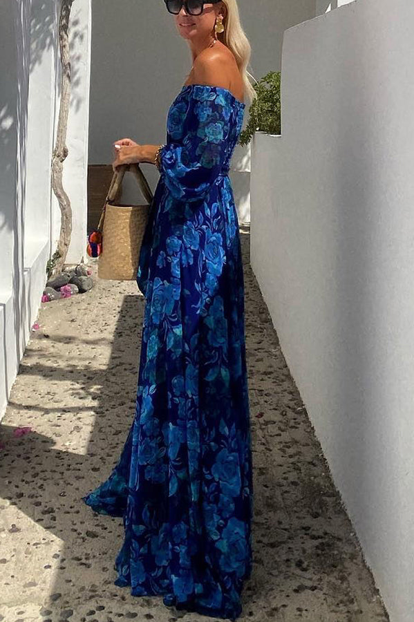 Francesca - Lange jurk met bloemenprint en off-the-shoulder mouwen