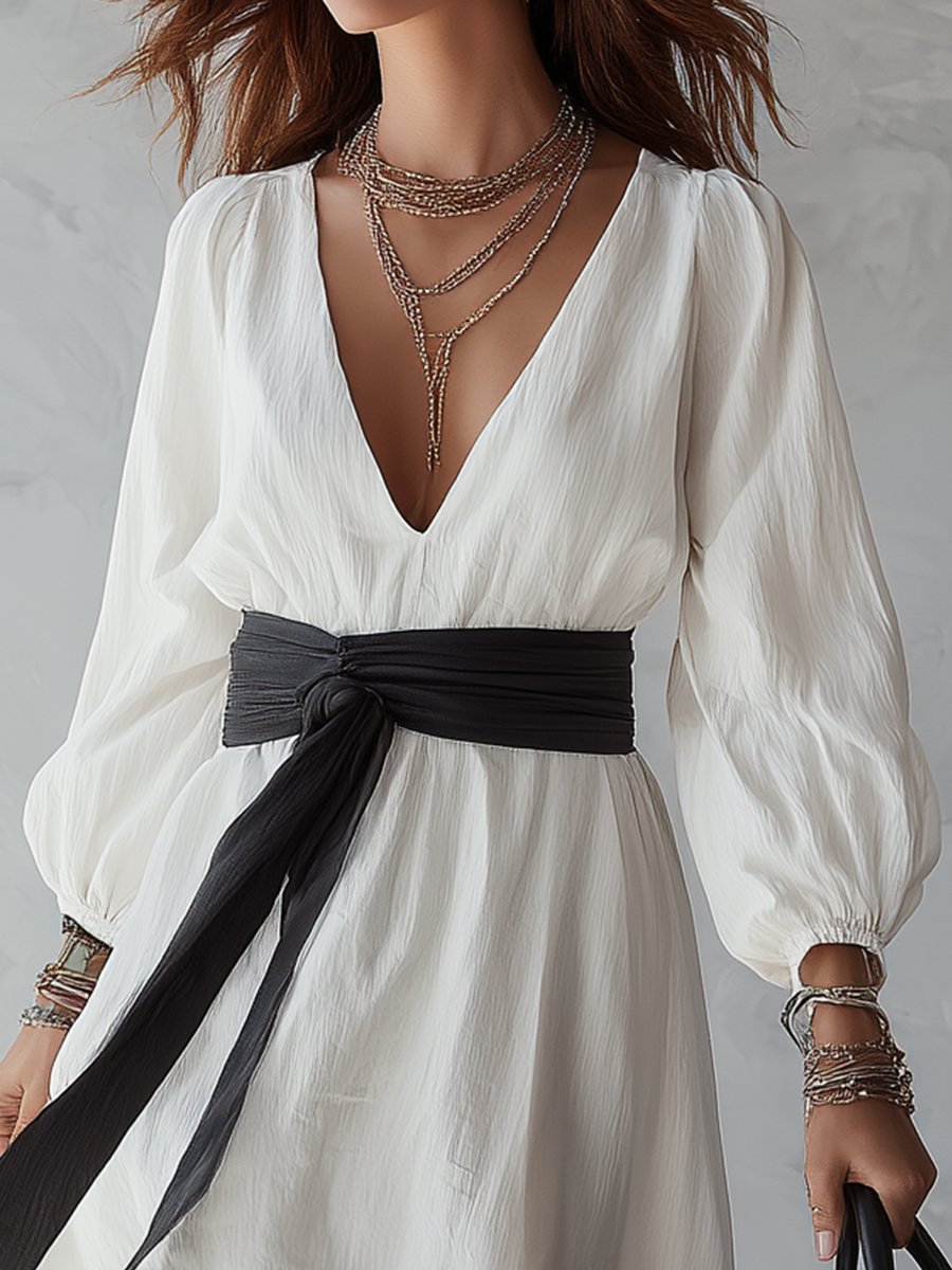 Minimalistische V-Hals Puff-Mouw Split Maxi Jurk