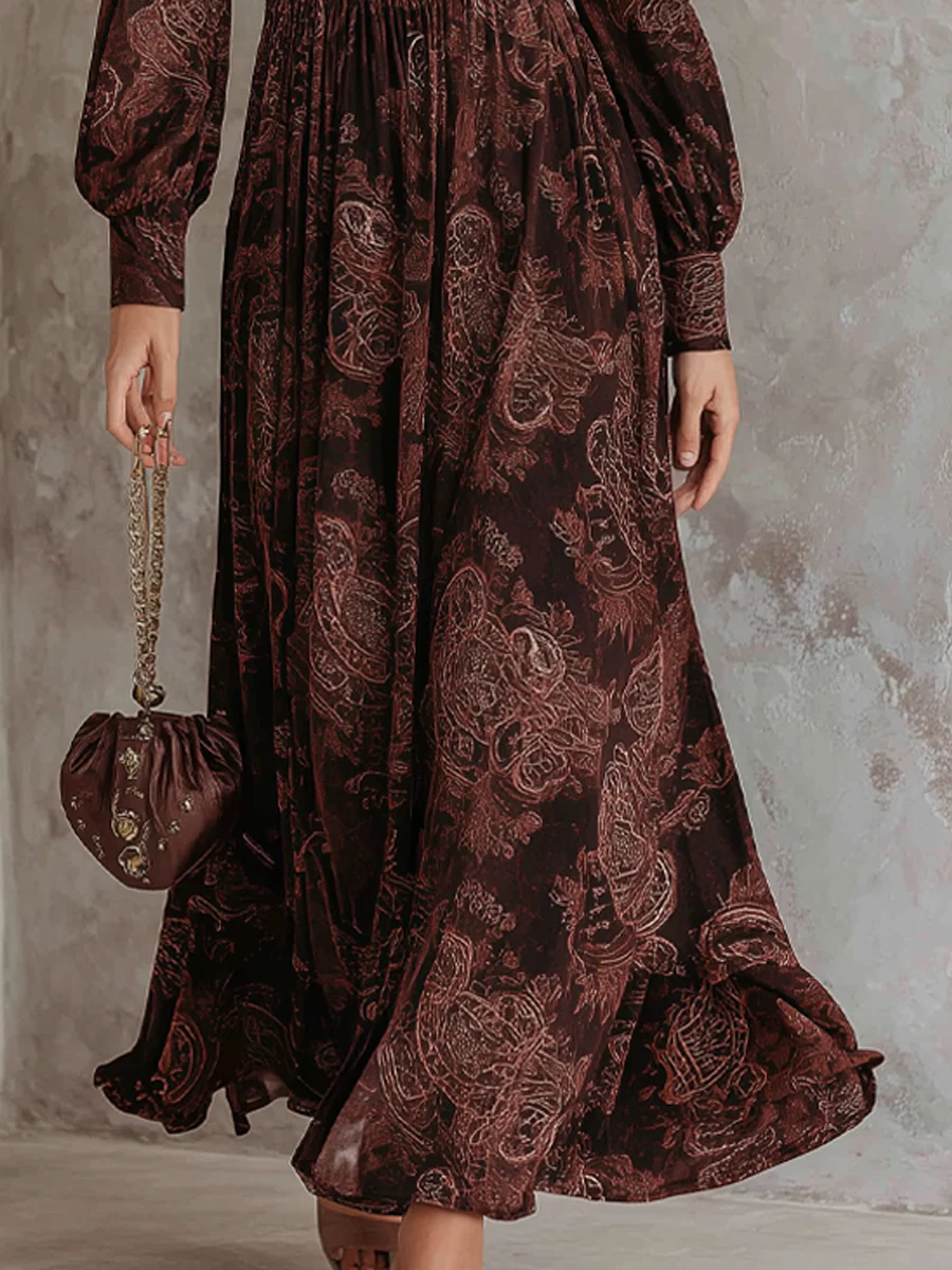 Bruine Paisley Rits Maxi Jurk