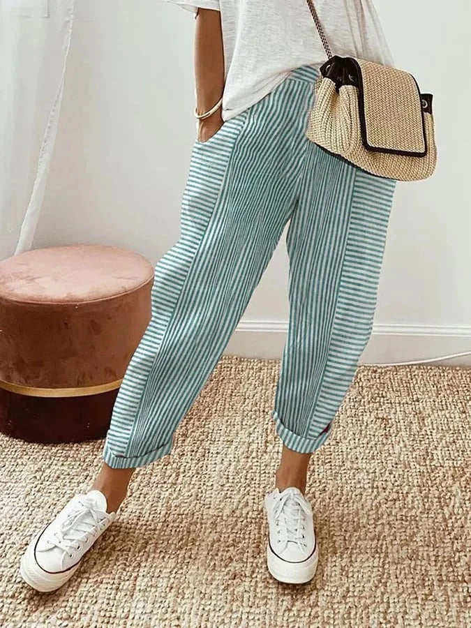 Gestreepte Relaxed Fit Damesbroek Enkel Lengte Met Manchet
