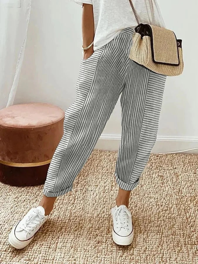Gestreepte Relaxed Fit Damesbroek Enkel Lengte Met Manchet